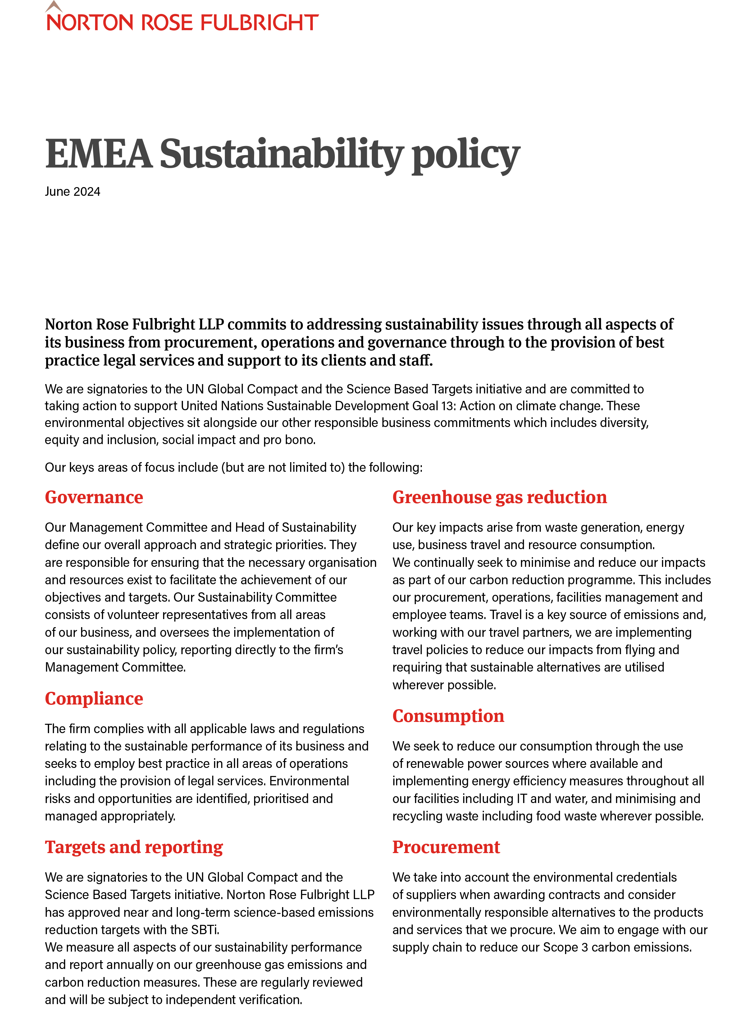 Front page of the EMEA sustainability policy