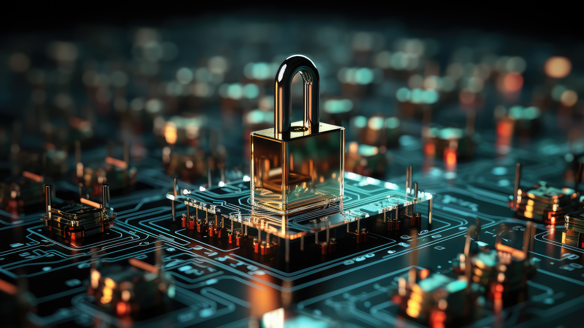 Symbolic image of a padlock on a circuit board representing cyber security
