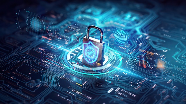 Visualisation of a padlock at the centre of a glowing representation of a circuit board