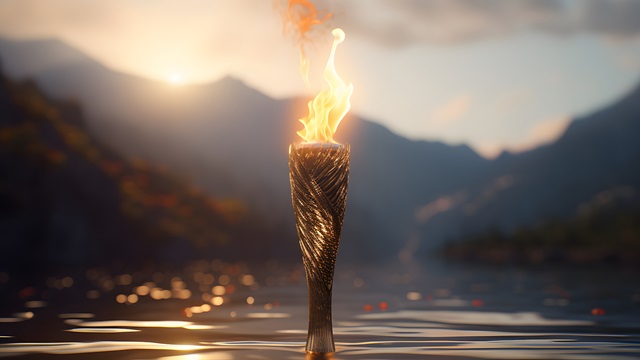 An Olympic torch blazes in the centre of river