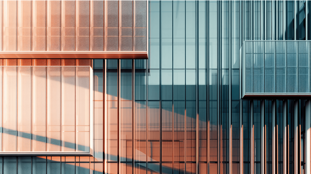 Abstract building with bronze and blue details