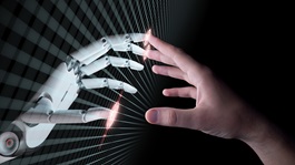 AI robot hand mirrored by human hand